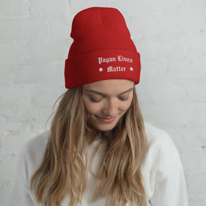 woman wearing cuffed beanie red, with image phrase "Pagan Lives Matter."  winter , Christmas gifts.