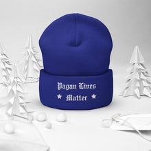 Load image into Gallery viewer, cuffed beanie royal blue, with image phrase &quot;Pagan Lives Matter.&quot; background: winter themed, Christmas gifts.
