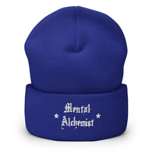 Load image into Gallery viewer, cuffed beanie royal blue, with image phrase &quot;Mental Alchemist.&quot; background: winter themed, Christmas gifts.
