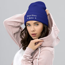 Load image into Gallery viewer, woman wearing cuffed beanie royal blue, with image phrase &quot;Pagan Lives Matter.&quot;  winter , Christmas gifts.
