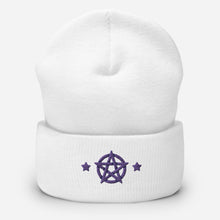 Load image into Gallery viewer, cuffed beanie white, with image design of purple pentacle and stars. background: winter themed, Christmas gifts.
