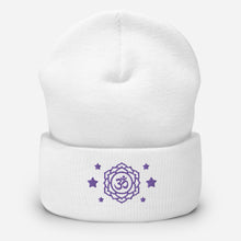 Load image into Gallery viewer, cuffed beanie white, with image design of purple third eye chakra symbol, with purple stars.
