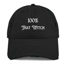 Load image into Gallery viewer, Black distressed hat. Baseball cap. Phrase: 100% That Witch. Featuring bold embroidered white lettering on the front, playful and stylish. Front side center view.
