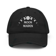 Load image into Gallery viewer, distressed baseball cap black, with image phrase &quot;Moon Maiden,&quot; and image graphic of moon phases. background:  Christmas gifts.
