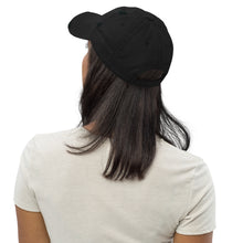 Load image into Gallery viewer, Back view, Woman modeling/wearing on head Black distressed hat. Baseball cap. Phrase: 100% That Witch. Featuring bold embroidered white lettering on the front, playful and stylish
