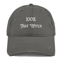 Load image into Gallery viewer, Charcoal grey distressed hat. Baseball cap. Phrase: 100% That Witch. Featuring bold embroidered white lettering on the front, playful and stylish. Front side center view.
