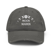 Load image into Gallery viewer, distressed baseball cap charcoal grey, with image phrase &quot;Moon Maiden,&quot; and image graphic of moon phases. background:  Christmas gifts.
