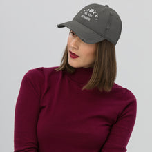 Load image into Gallery viewer, distressed baseball cap charcoal grey, with image phrase &quot;Moon Maiden,&quot; and image graphic of moon phases. background:  Christmas gifts.
