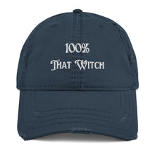 Load image into Gallery viewer, Vintage navy blue distressed hat. Baseball cap. Phrase: 100% That Witch. Featuring bold embroidered white lettering on the front, playful and stylish. Front side center view.
