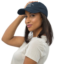 Load image into Gallery viewer, distressed baseball cap navy blue, with image phrase &quot;Moon Maiden,&quot; and image graphic of moon phases. background:  Christmas gifts.
