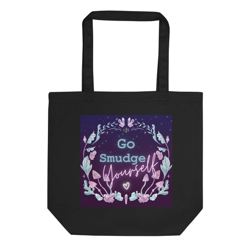 black tote bag, certified organic, tote bag. Image design: whimsical mushrooms with eyes, crystals, with text, 