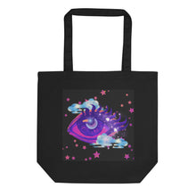 Load image into Gallery viewer, black tote bag, certified organic, tote bag, dreamy eye with a crescent moon in the iris, surrounded by soft, whimsical clouds, pink and purple stars, orange highlights.
