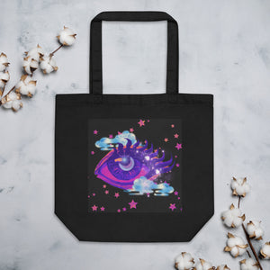 black tote bag, certified organic, cotton, tote bag, dreamy eye with a crescent moon in the iris, surrounded by soft, whimsical clouds, pink and purple stars, orange highlights.