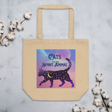 Load image into Gallery viewer, tote bag, eco tote bag, cotton, words: cats are my spirit animal, cosmic cat silhouette, cat silhouette, cat outline, moon, stars, purple and blue
