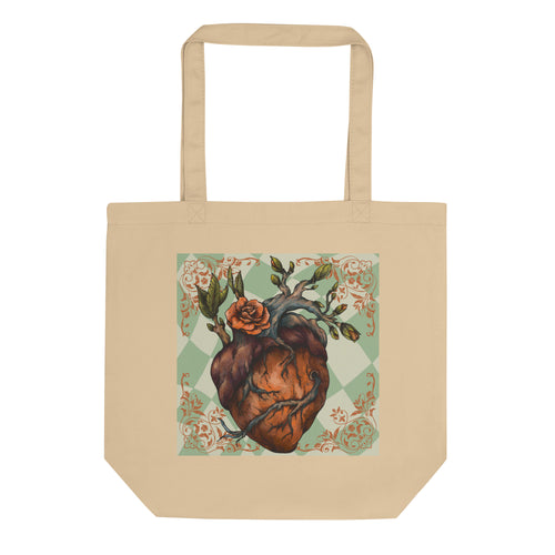 oyster colored tote bag, certified organic. Image design: Red illustrated heart with vines and rose, wavy green checkered print background  behind the image