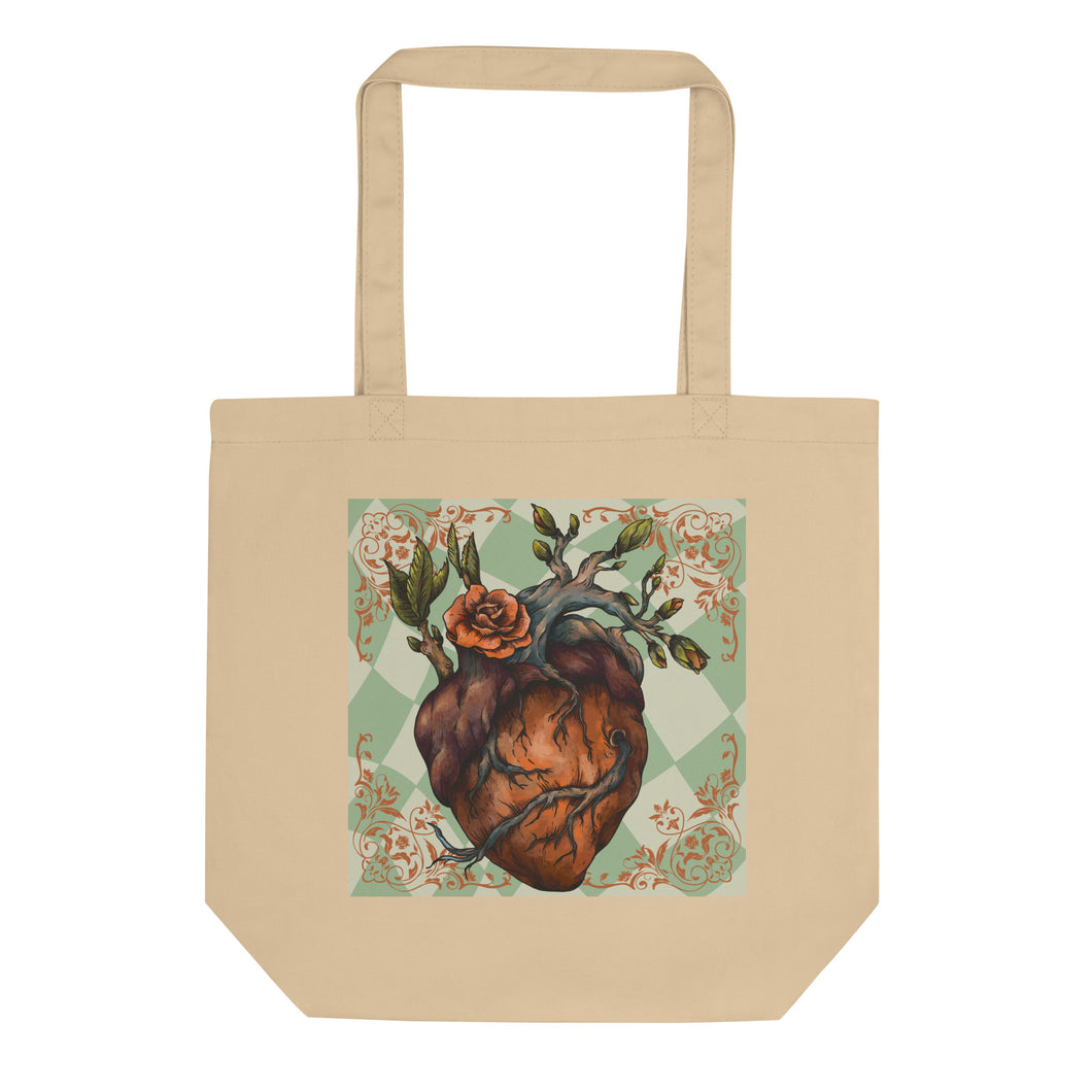 oyster colored tote bag, certified organic. Image design: Red illustrated heart with vines and rose, wavy green checkered print background  behind the image