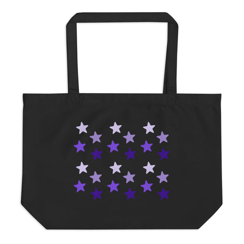 Large black tote bag, certified organic, features rows of purple stars, with each row darker than the one above it, creating a striking gradient effect. 4 shades of purple.