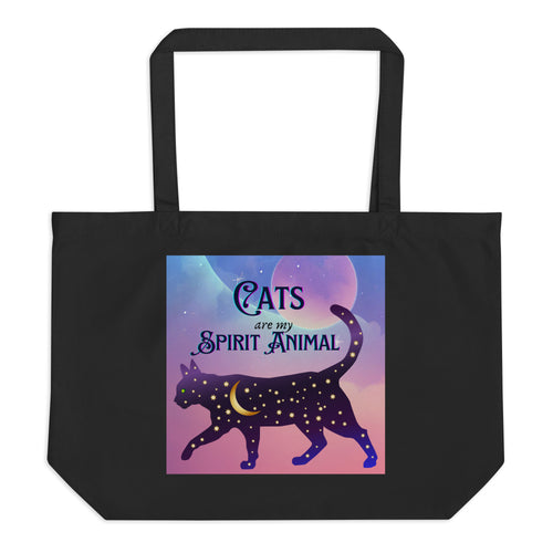 Large black tote bag, with text words: cats are my spirit animal. Image design: cosmic cat silhouette, cat silhouette, cat outline, moon, stars, purple and blue