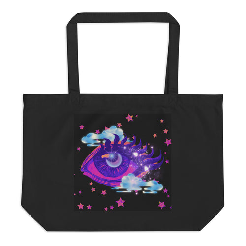 Large black tote bag, certified organic, tote bag, dreamy eye with a crescent moon in the iris, surrounded by soft, whimsical clouds, pink and purple stars, orange highlights.