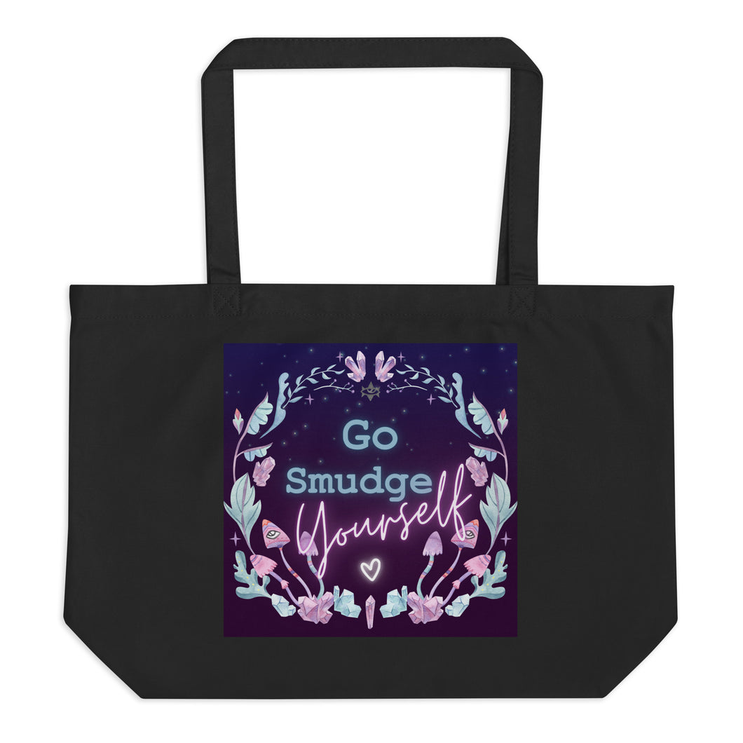 Large black tote bag, certified organic, tote bag. Image design: whimsical mushrooms with eyes, crystals, with text, 