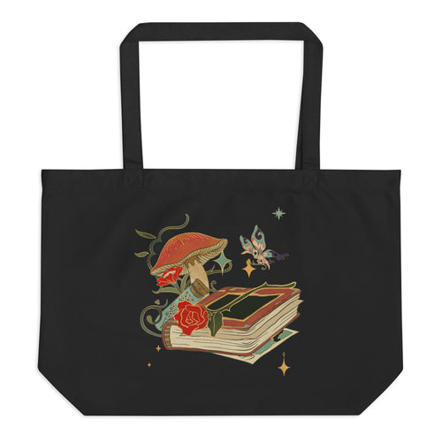 Large black tote bag, cotton, certified organic, with Image Design: Old book, vial, mushroom, and butterfly with a vintage look