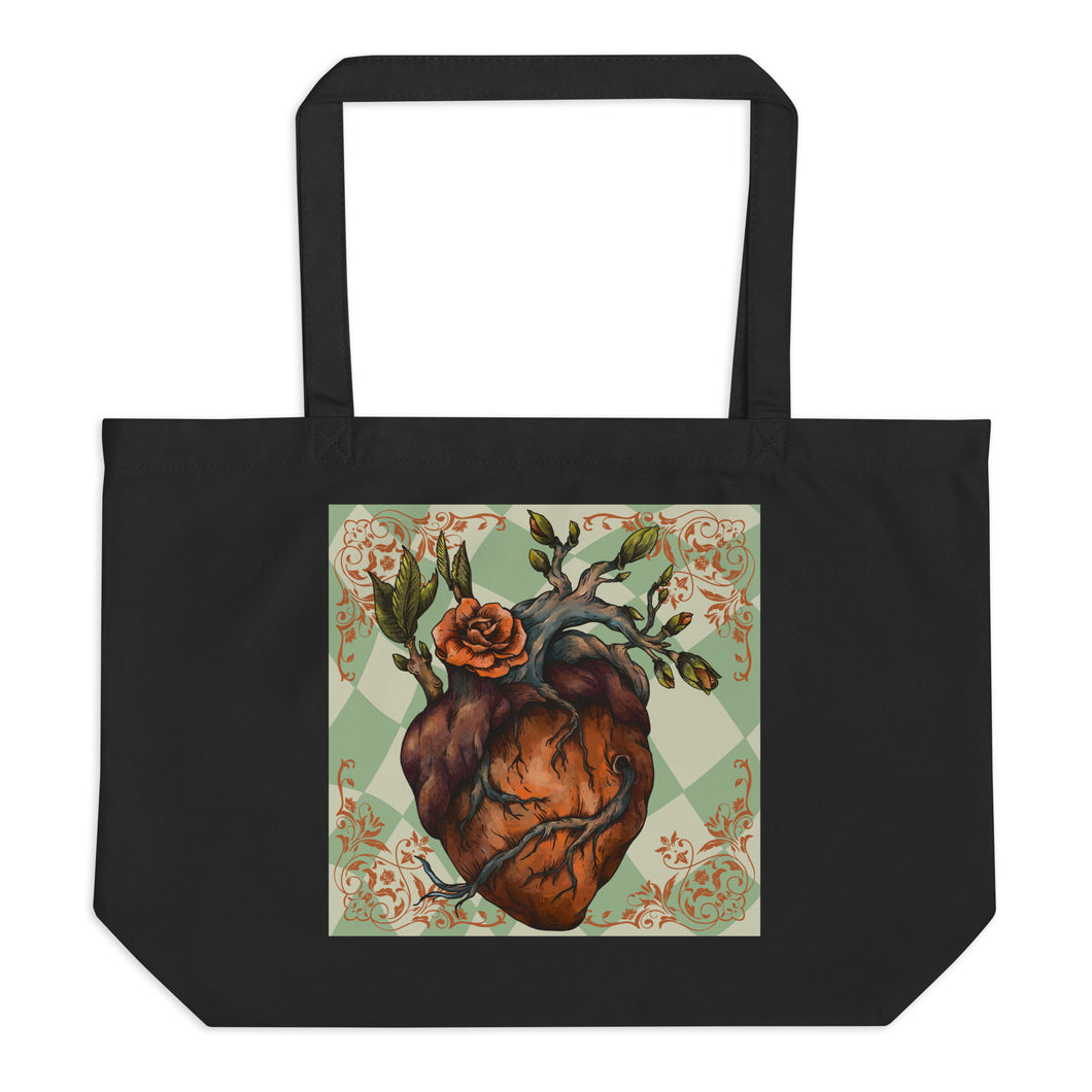 large black tote bag, certified organic. Image design: Red illustrated heart with vines and rose, wavy green checkered print background  behind the image