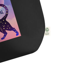 Load image into Gallery viewer, close up of tag of large black tote bag, showing certified organic, with text words: cats are my spirit animal. Image design: cosmic cat silhouette, cat silhouette, cat outline, moon, stars, purple and blue
