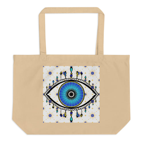 large oyster colored tote bag with image of eye of protection/evil eye, colors of golden yellow, blue, light blue, third eye, eye, celestial stars. certified organic