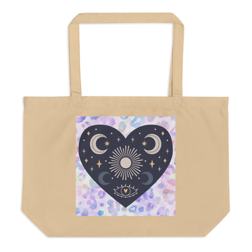 large oyster colored tote bag, certified organic. Image design: blue mystical heart with eye in middle, and crescent moons, and a light purple leopard print background behind the image