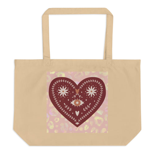 large oyster colored tote bag, certified organic. Image design: boho warm red mystical heart with eye in middle, and daisies, and a light red-gold leopard print background behind the image