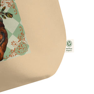 close up of tag, showing certified organic, large oyster colored tote bag, certified organic. Image design: Red illustrated heart with vines and rose, wavy green checkered print background  behind the image