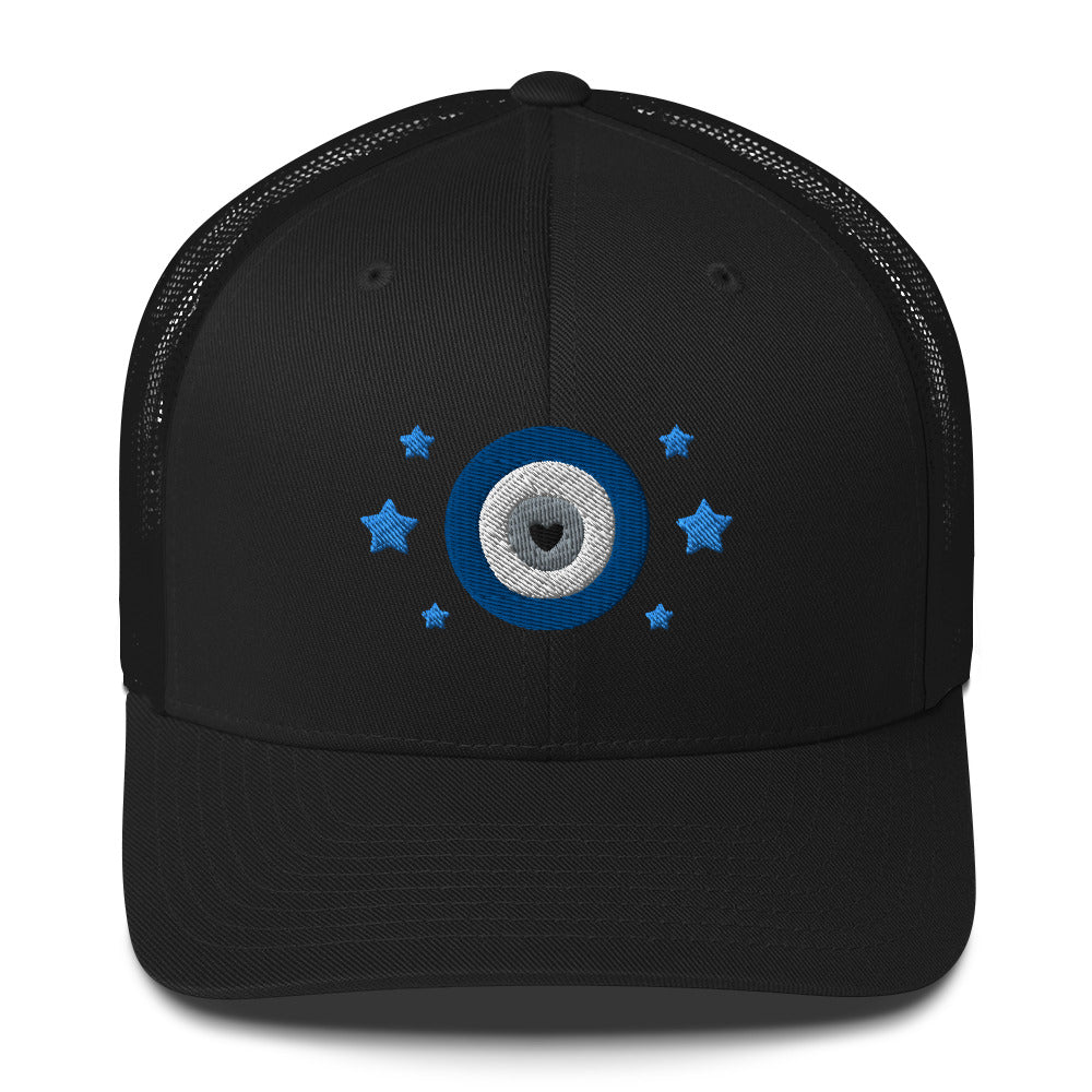 retro trucker hat/cap black, with image design of blue eye of protection/evil eye/third eye, with stars. Front view.