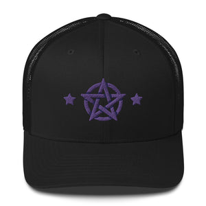 retro trucker hat/cap black , with image design of purple pentacle and stars.  Front view.