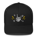 retro trucker hat/cap black, with image design of rock on skeleton hand, pentagram stars, lightning symbols. Front view.