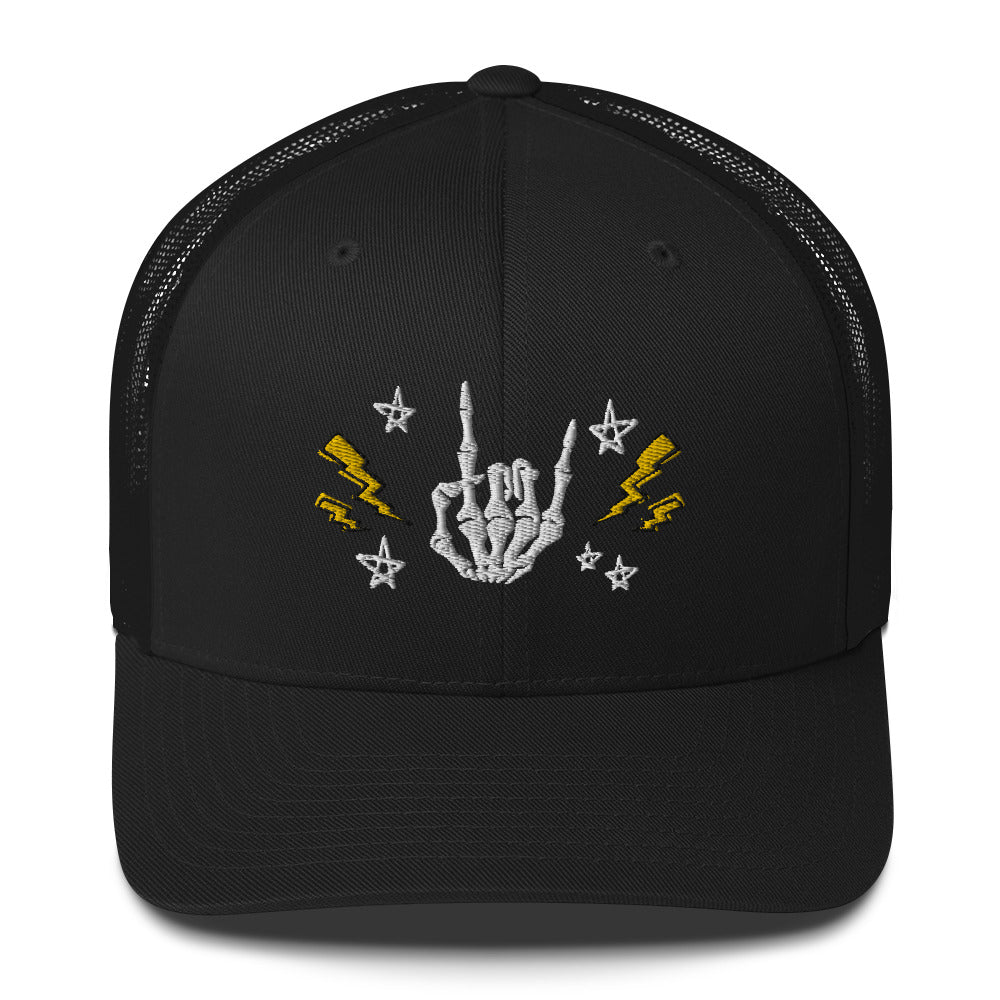 retro trucker hat/cap black, with image design of rock on skeleton hand, pentagram stars, lightning symbols. Front view.