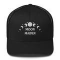 retro trucker hat/cap black, with image phrase "Moon Maiden," with moon phases. Front view.
