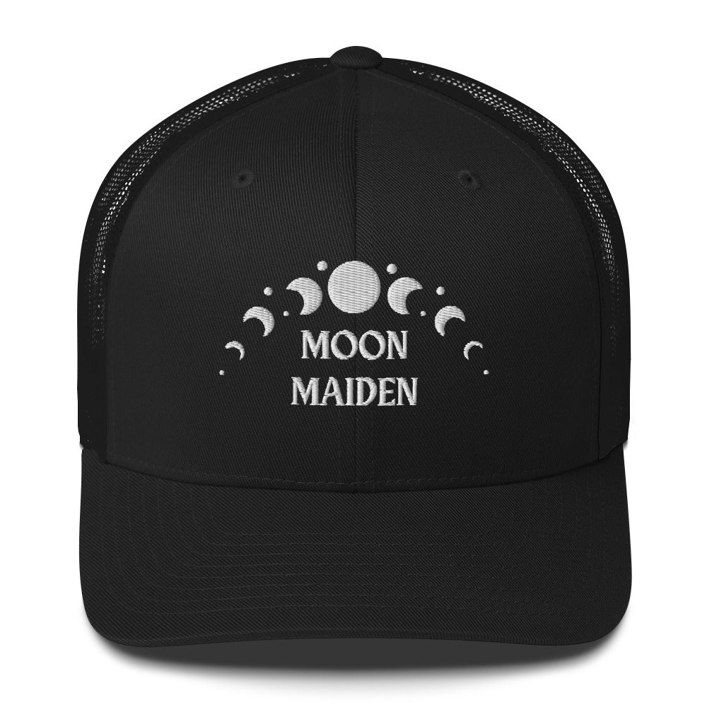 retro trucker hat/cap black, with image phrase "Moon Maiden," with moon phases. Front view.