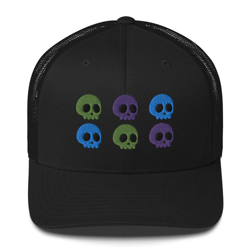 retro trucker hat black , with image design of 6 purple, green, and blue skulls, 2 of each color, in two rows.  Front view.