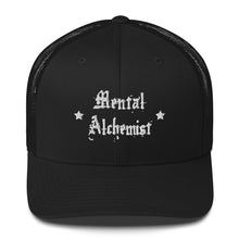 Load image into Gallery viewer, retro trucker hat black, with image phrase: &quot;Mental Alchemist.&quot; Front view.
