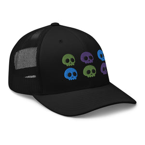 retro trucker hat black , with image design of 6 purple, green, and blue skulls, 2 of each color, in two rows.  side view.