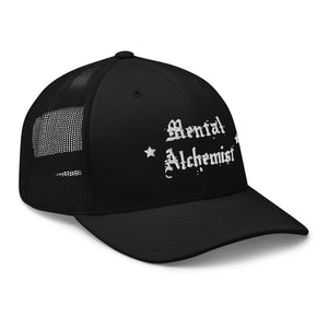 retro trucker hat black, with image phrase: "Mental Alchemist." side view.