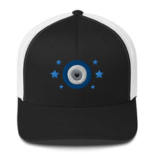 Load image into Gallery viewer, retro trucker hat/cap black white , with image design of blue eye of protection/evil eye/third eye, with stars. Front view.
