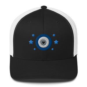 retro trucker hat/cap black white , with image design of blue eye of protection/evil eye/third eye, with stars. Front view.