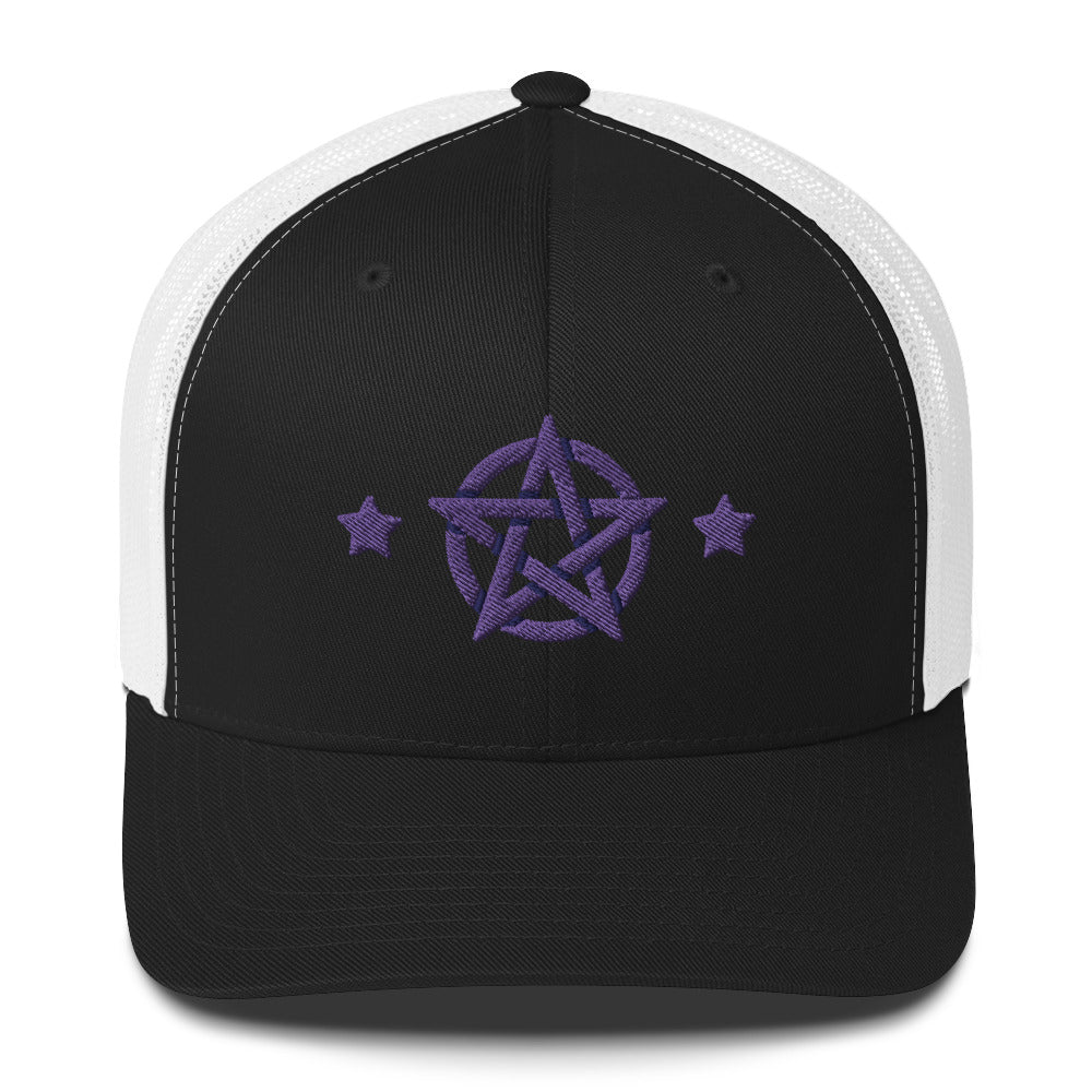 retro trucker hat/cap black white, with image design of purple pentacle and stars.  Front view.