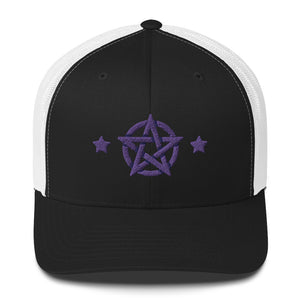 retro trucker hat/cap black white, with image design of purple pentacle and stars.  Front view.