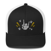 Load image into Gallery viewer, retro trucker hat/cap black white , with image design of rock on skeleton hand, pentagram stars, lightning symbols. Front view.
