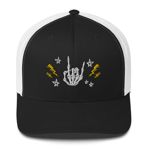 retro trucker hat/cap black white , with image design of rock on skeleton hand, pentagram stars, lightning symbols. Front view.