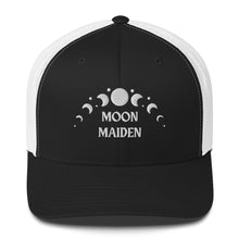 Load image into Gallery viewer, retro trucker hat/cap black white, with image phrase &quot;Moon Maiden,&quot; with moon phases. Front view.
