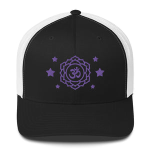 retro trucker hat black white , with image design of purple third eye chakra symbol, and stars.  Front view.