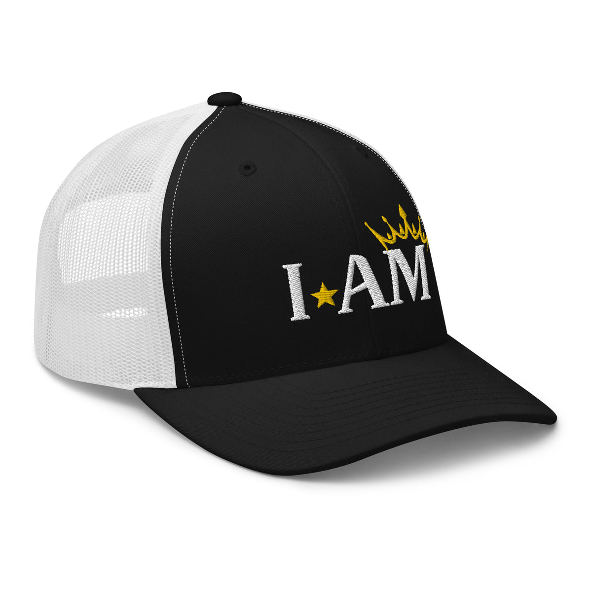 retro trucker hat black white, with image phrase: "I AM," with image graphic of a gold crown over the letter M. side view.